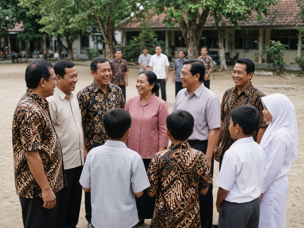Guru dan siswa berkumpul di halaman sekolah
